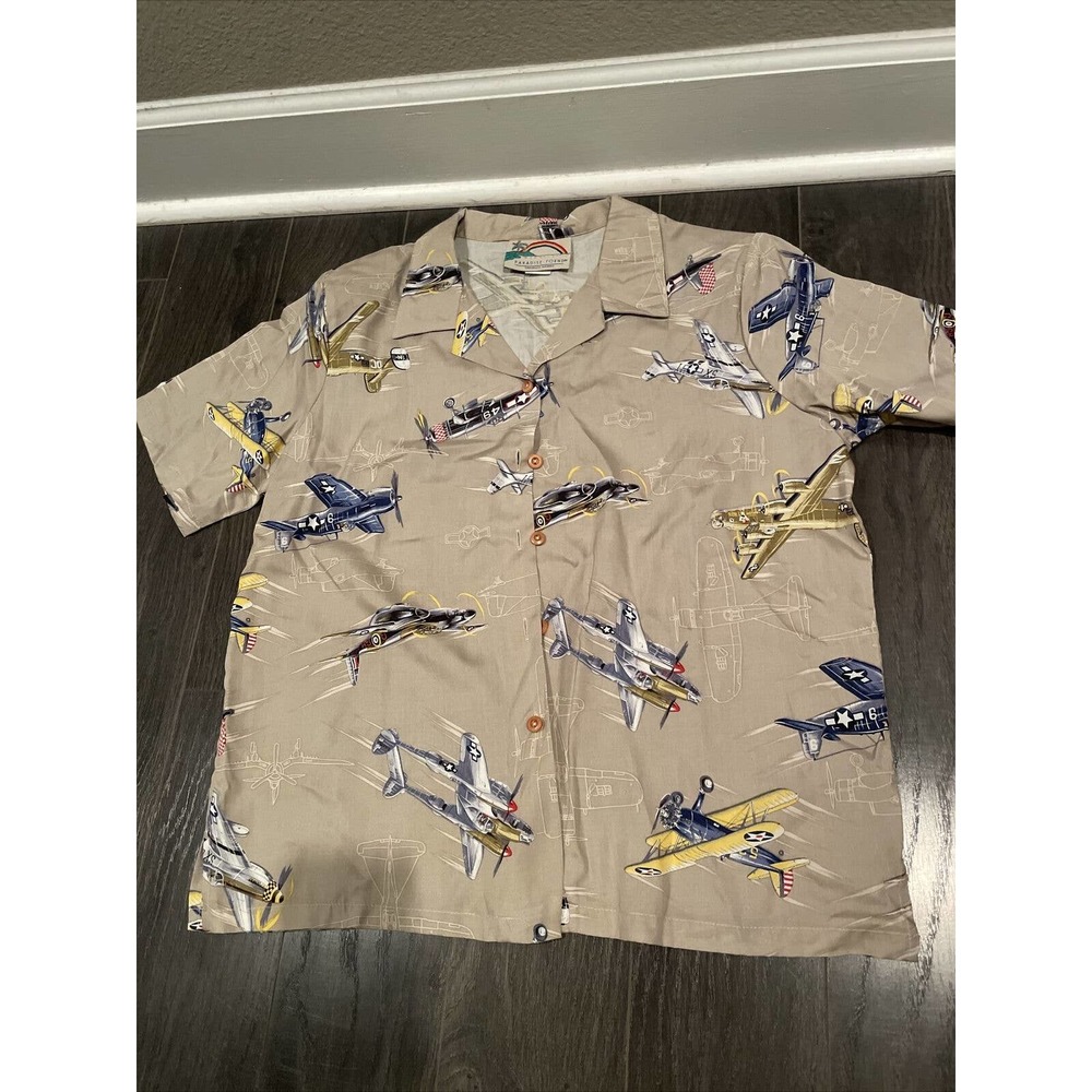 Paradise Found Hawaiian Fighter Plane Button Down Shirt Size L Womens With Pads